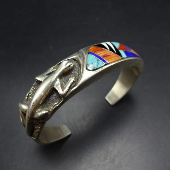 HEAVY Signed Navajo CHANNEL Inlay Cuff BRACELET w… - image 2