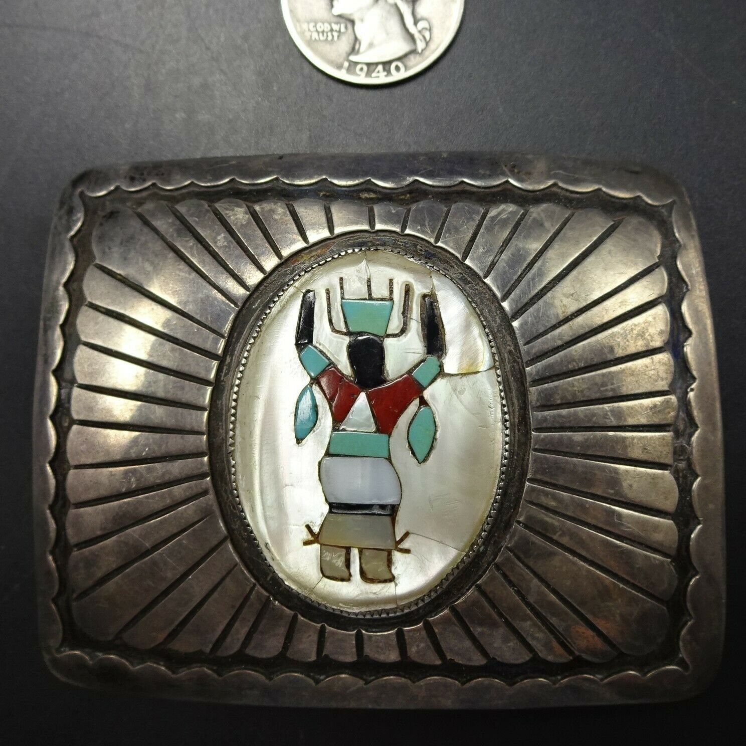 NAVAJO ナバホ GW ベアクロー ターコイズ コーラル装飾 ベルトバックル yn_a181.jpg
