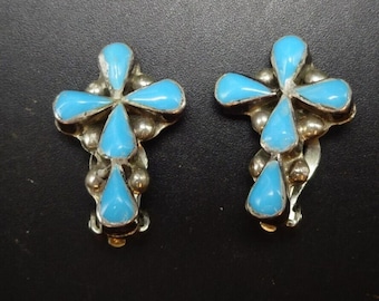 Delicate Vintage NAVAJO Sterling Silver TURQUOISE CLUSTER Cross Earrings Clip-On