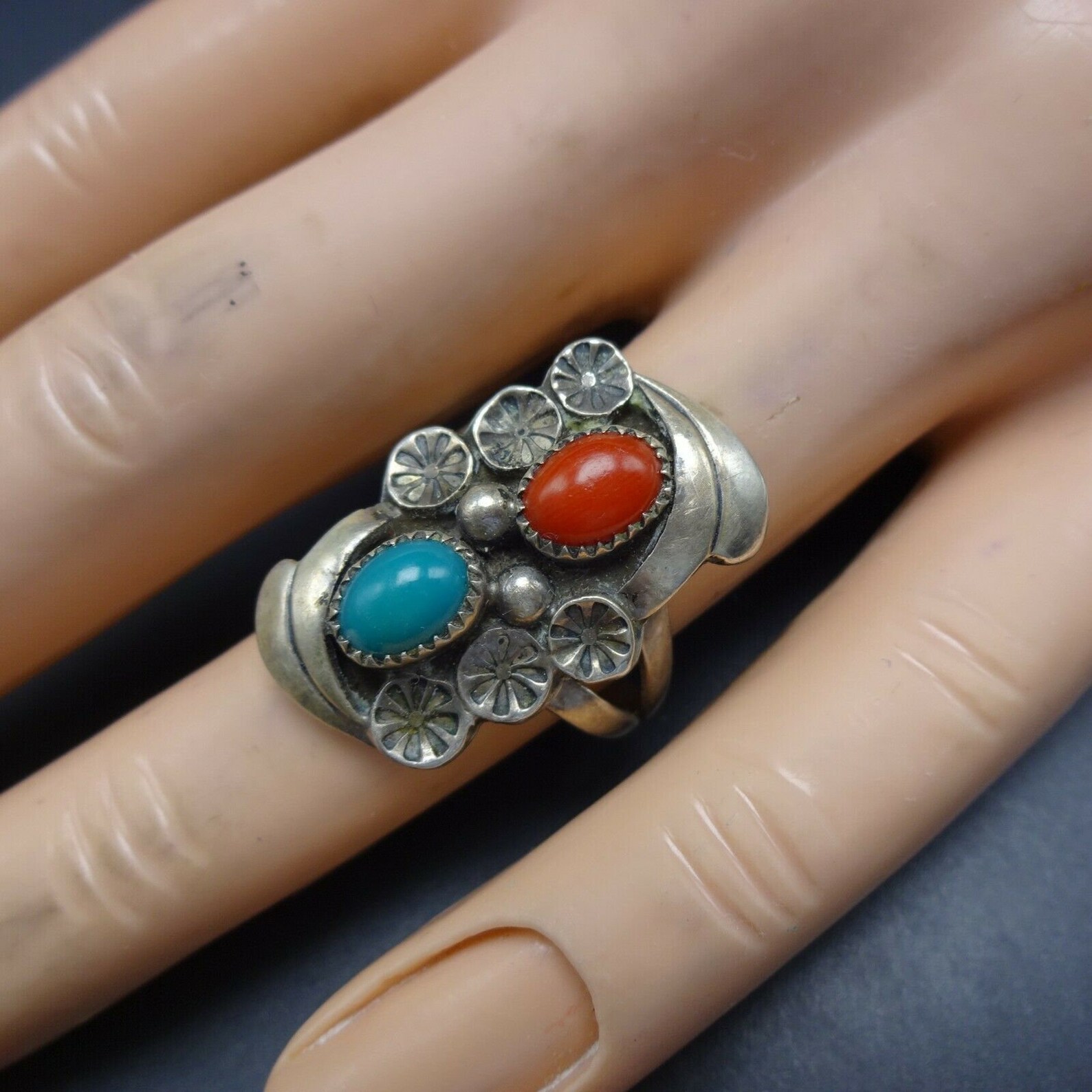Lovely Vintage NAVAJO Sterling Silver TURQUOISE and CORAL Ring Size 6 ...