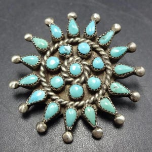 Zarte Vintage ZUNI Petit Point TÜRKIS Cluster Pin/Brosche Sterling Silber