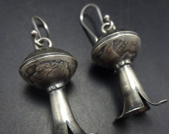 Buffalo Dancer TAOS Coin Silver MERCURY DIME Squash Blossom Dangle Earrings