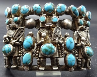 RARE Museum Quality Old Navajo TURQUOISE KACHINA Cuff Bracelet Sterling Silver