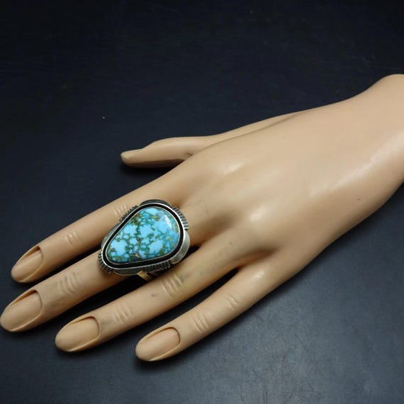 Big COOPER WILLIE Navajo Webbed Kingman TURQUOISE Sterling Silver Ring size 8.5 View 2