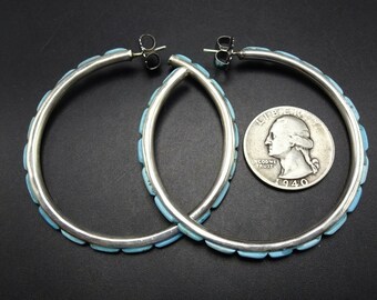 Federico JIMENEZ Sterling Silber TURQUOISE OUTSIDE Inlay 2,25&quot; Creolen