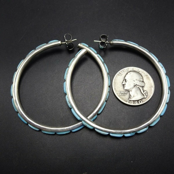 Federico JIMENEZ Sterling Silver TURQUOISE OUTSIDE Inlay 2.25" Hoop Earrings