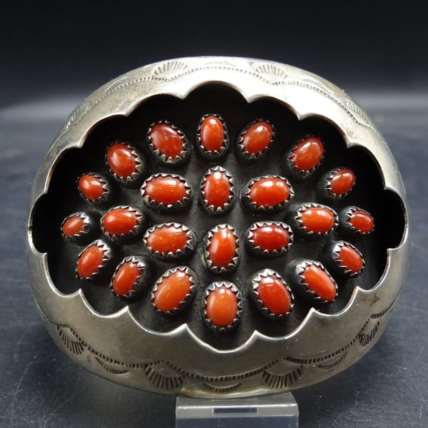 VINTAGE James McCabe NAVAJO Sterling Silver Red Med CORAL Cluster Cuff Bracelet