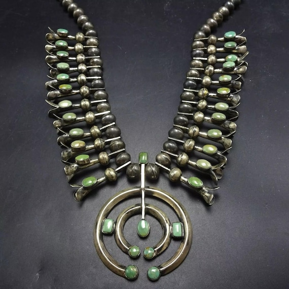 Old Pawn Coin Silver GREEN TURQUOISE Double Naja Squash Blossom NECKLACE Vintage