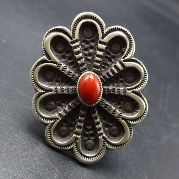 Calvin Martinez NAVAJO Hand Stamped Sterling Silver RED CORAL Ring 