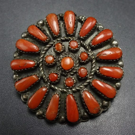 Sunbursting Coral Vintage Zuni Native American Sterling Silver Pin Sunbursting Coral Vintage Zuni Native American Sterling Silver Pin