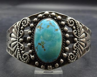 Old HARVEY Era Hand-Stamped Sterling Silver BLUE TURQUOISE Cuff Bracelet Vintage Pawn