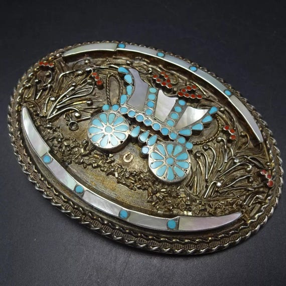 Butterfly Turquoise Coral Mother of Pearl Belt Buckle with Belt Butterfly Inlay Link Concho Belt main image 3