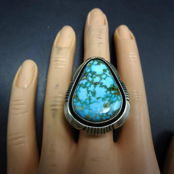 Big COOPER WILLIE Navajo Webbed Kingman TURQUOISE Sterling Silver Ring size 8.5 View 4