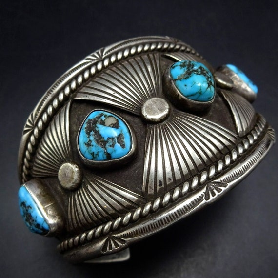 Exquisite OLD PAWN Navajo Hand Stamped Sterling S… - image 1
