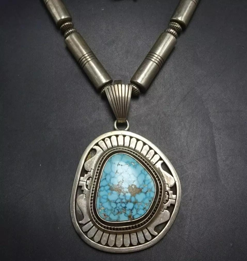 LEONARD NEZ Sterling Silver Waterweb TURQUOISE Pendant on Navajo