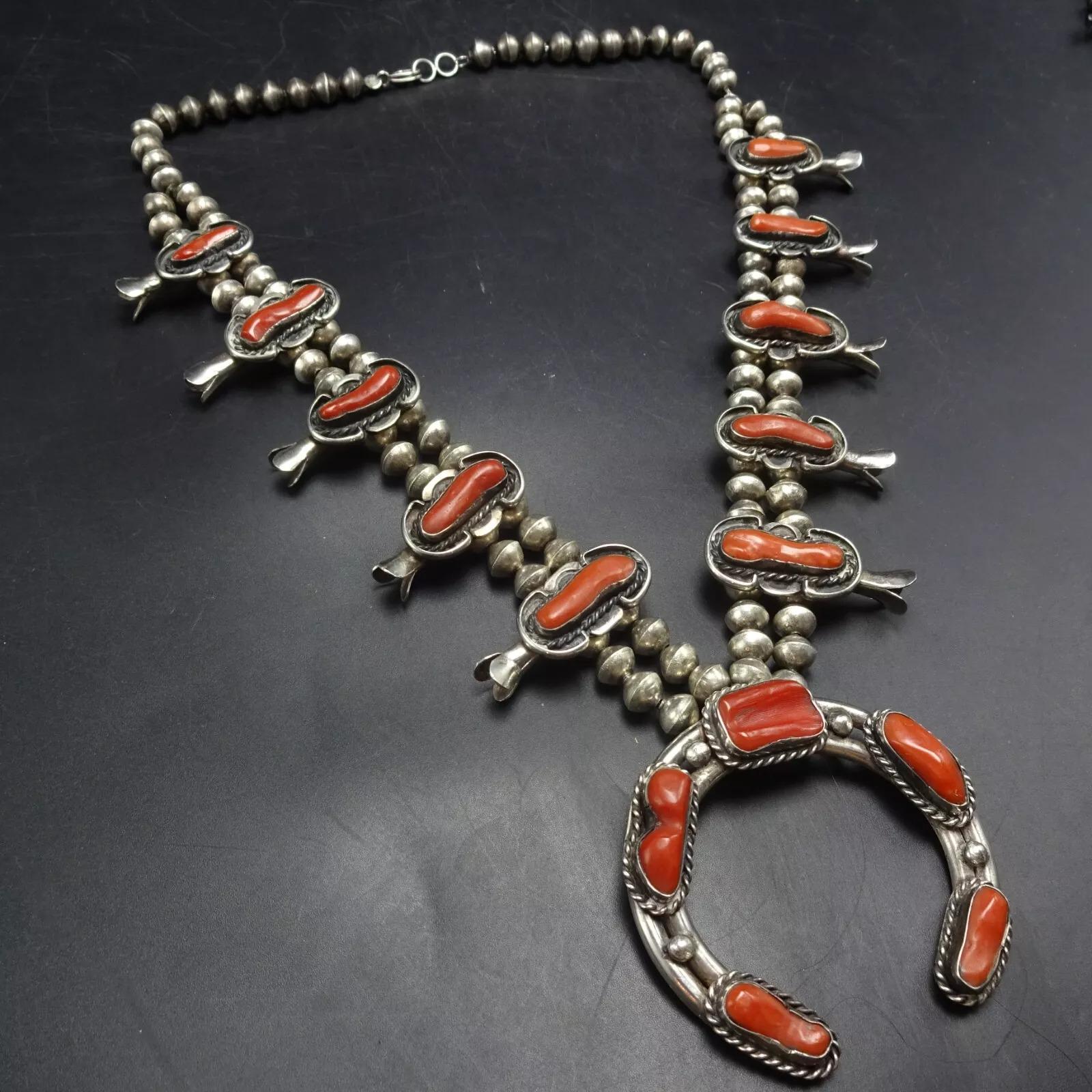 OLD PAWN Sterling Silver OLD Red Med Coral Squash Blossom Necklace