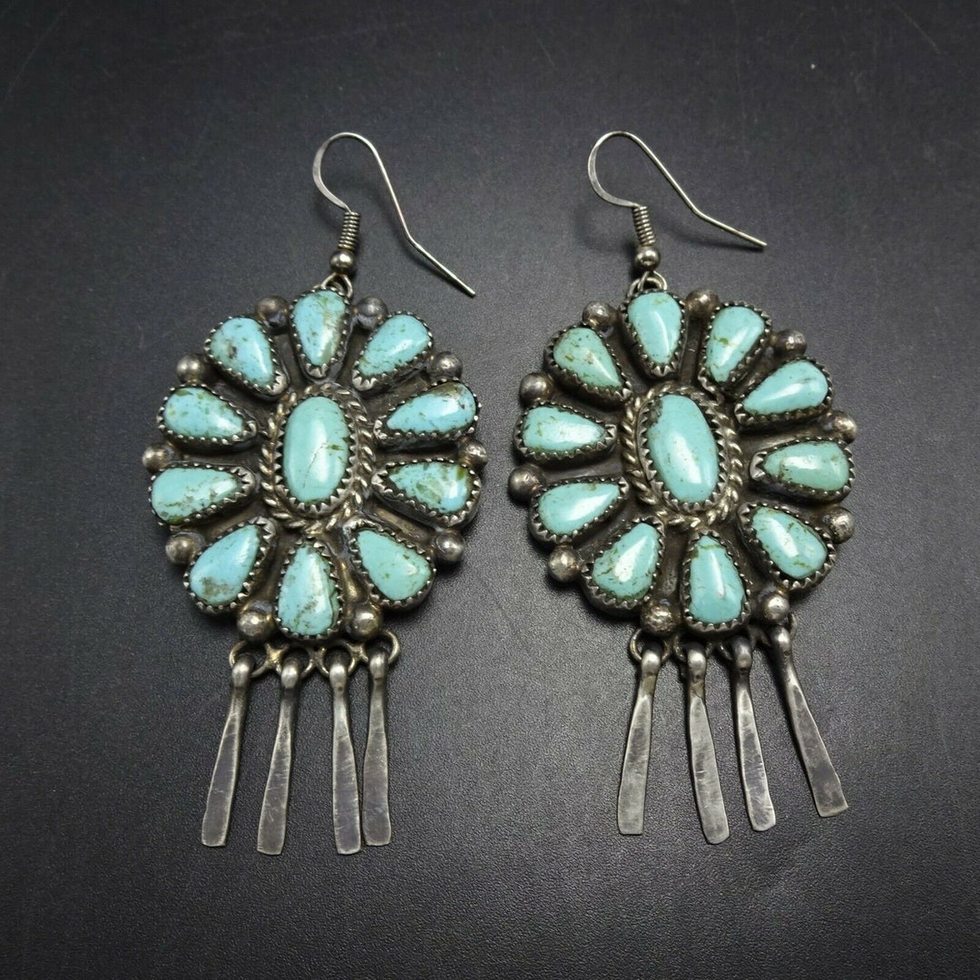 Mike Platero NAVAJO Sterling Silver TURQUOISE Cluster Dangle EARRINGS ...