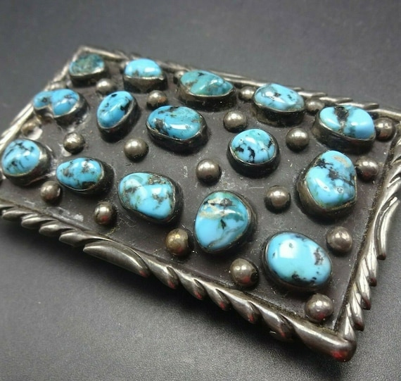Vintage NAVAJO Sterling Silver Blue Kingman TURQUOISE Cluster Belt