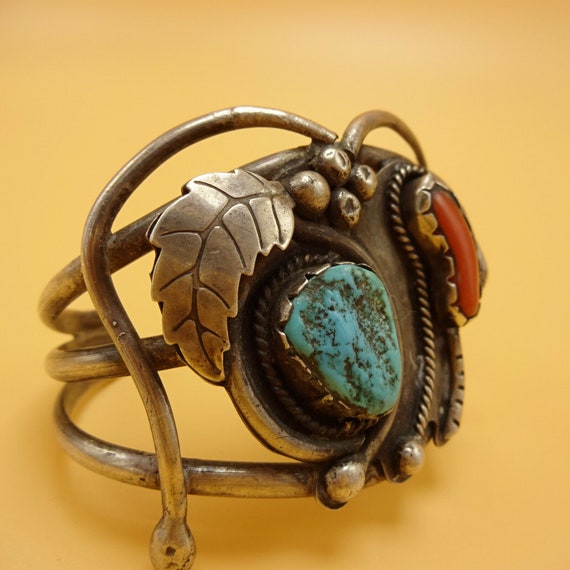 Vintage 1950s Sterling Silver CORAL & TURQUOISE C… - image 4