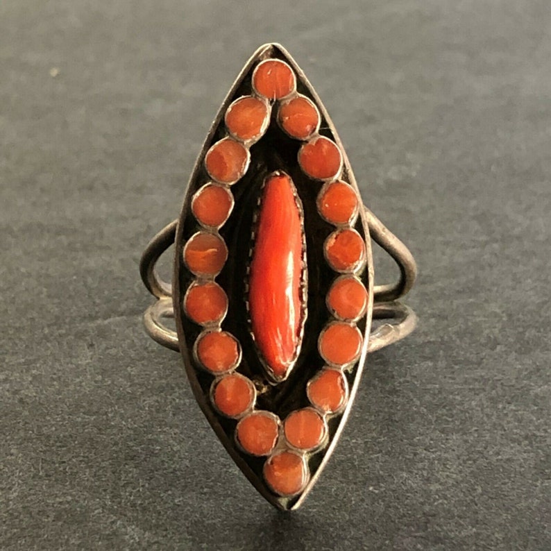 Vintage ZUNI Sterling Silver Old RED MEDITERRANEAN Coral Flat Inlay Ring sz 8.25