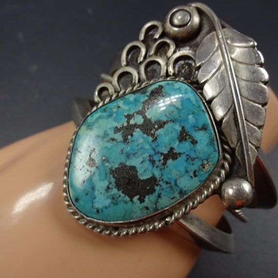 Heavy Vintage Sterling Silver and TURQUOISE Cuff … - image 3