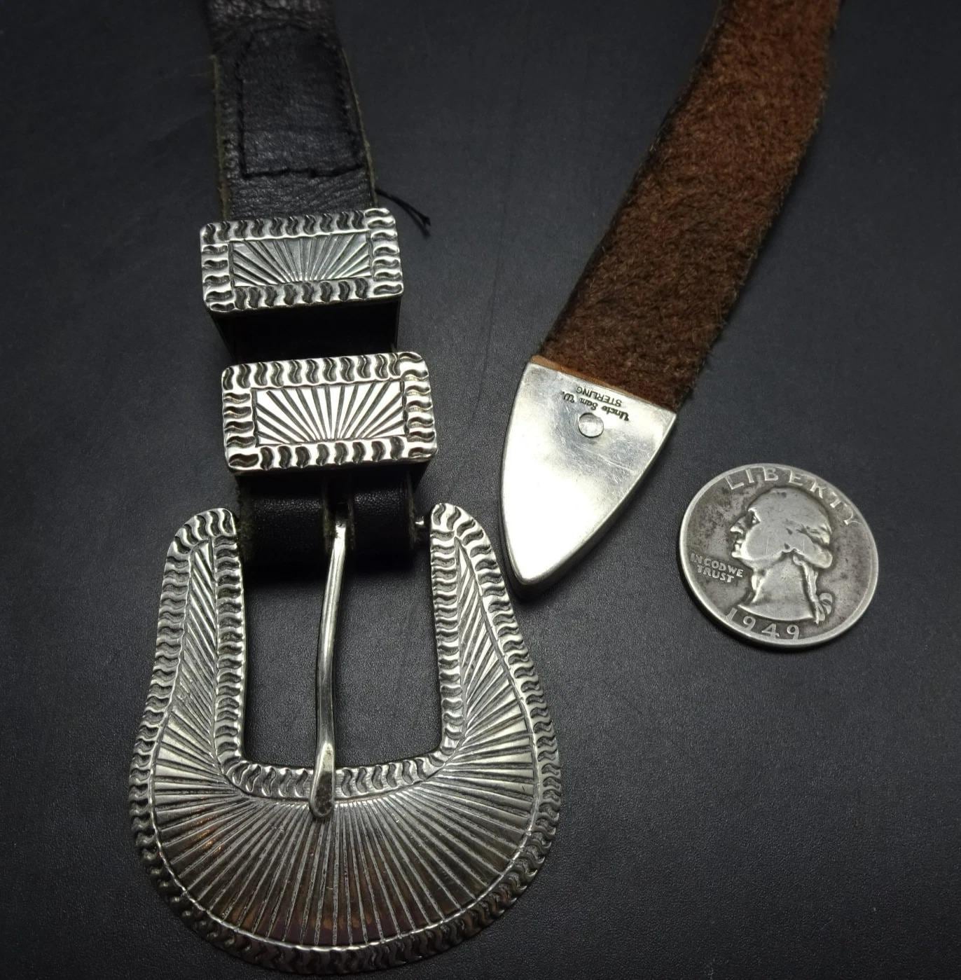 UNCLE SAM W. Navajo Sterling Silver CONCHO Ranger Belt With UNCLE SAM W. Navajo Sterling Silver CONCHO Ranger Belt With