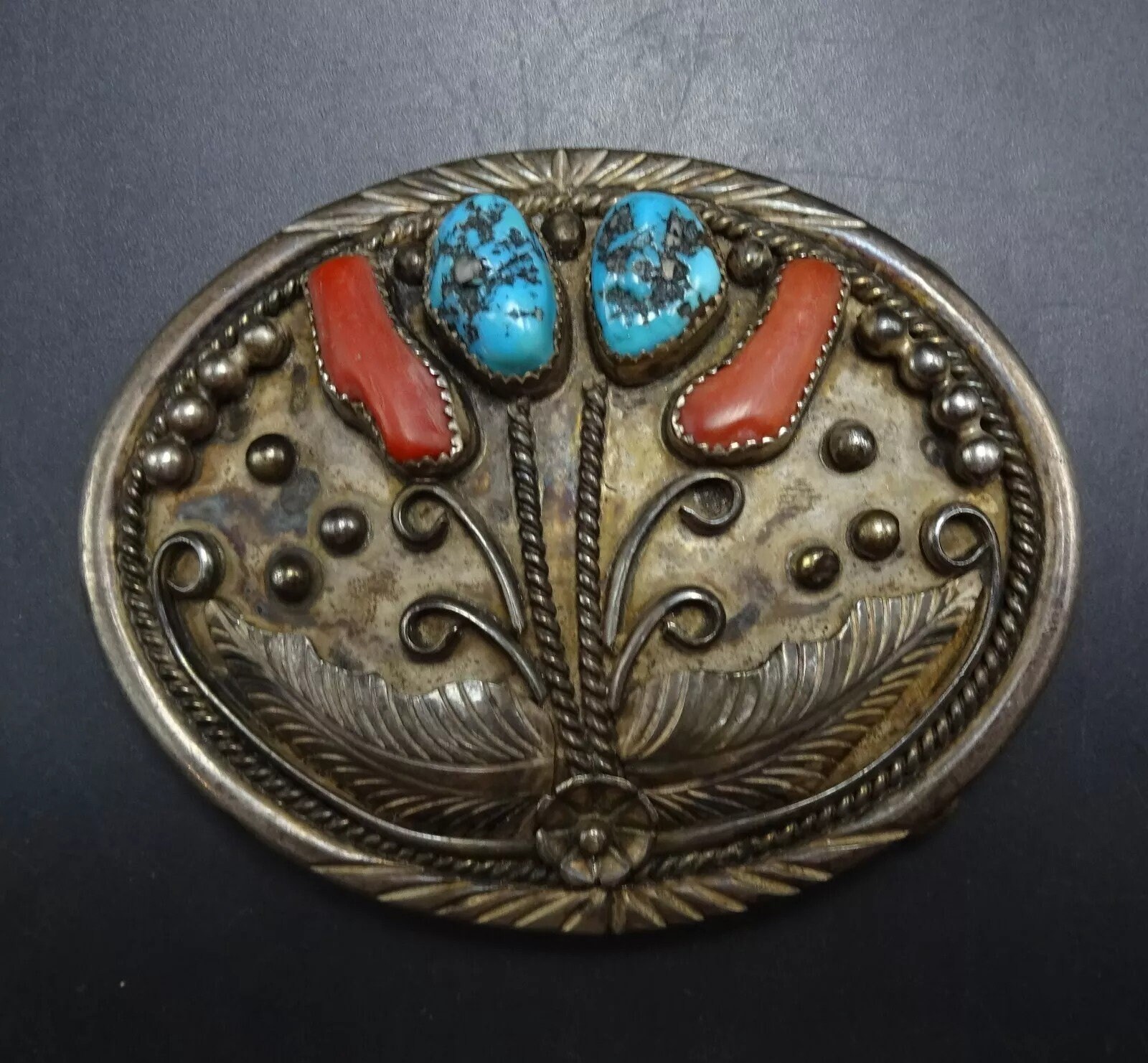 Vintage Ornate Silver Belt Buckle with Blue Lapis, Turquoise and Coral Vintage 60 main image 2