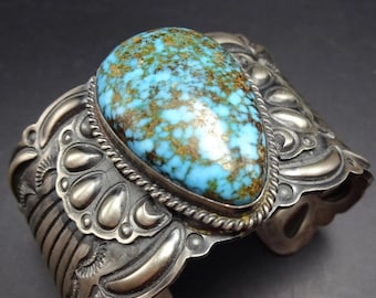 ナバホ族キングマンターコイズブレスレット、サテンスターリング