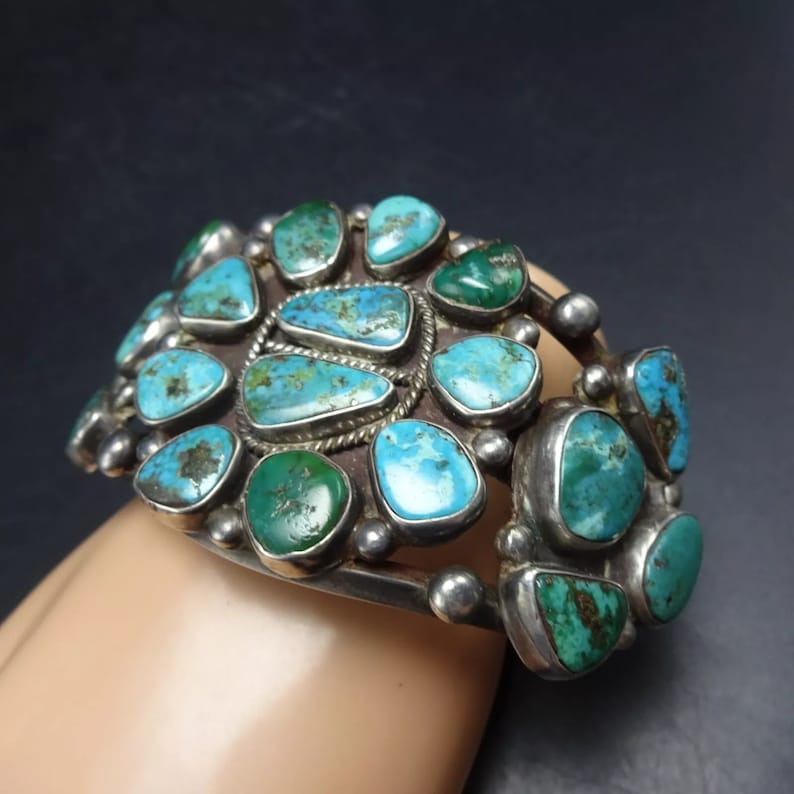 SPECTACULAR Old Pawn TURQUOISE CLUSTER Sterling Silver Cuff Bracelet ...