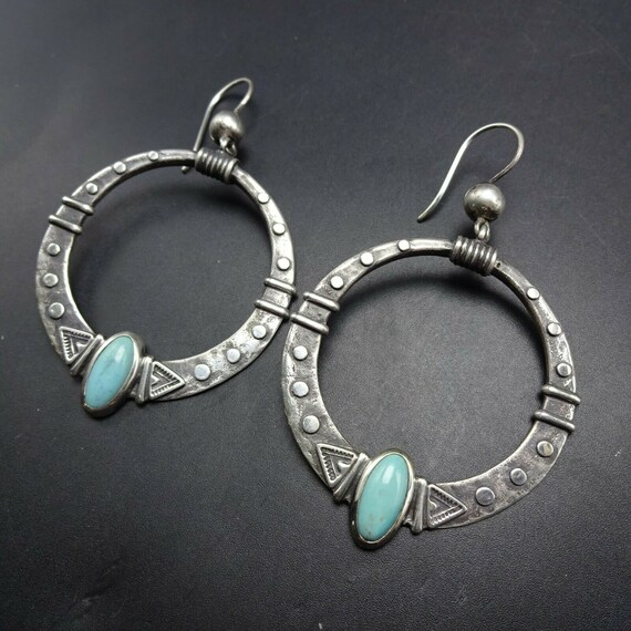 Fabulous Vintage Native American Navajo Turquoise Sterling Silver Hoop Earrings Fabulous Vintage Native American Navajo Turquoise Sterling Silver Hoop Earrings