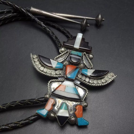W. Lamy Remarkable Vintage Native American Zuni Turquoise Sterling Silver Bolo W. Lamy Remarkable Vintage Native American Zuni Turquoise Sterling Silver Bolo