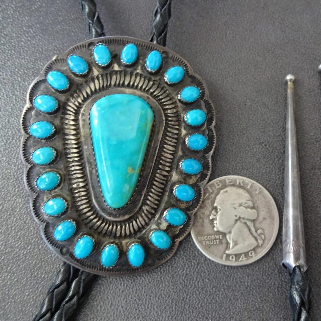 Vintage BOLO TIE Sterling Silver TURQUOISE Cluster Black Leather Cord ...