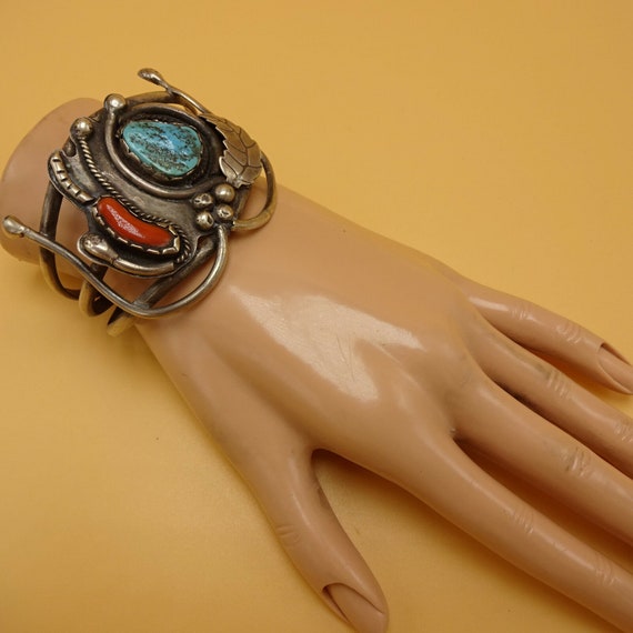 Vintage 1950s Sterling Silver CORAL & TURQUOISE C… - image 2