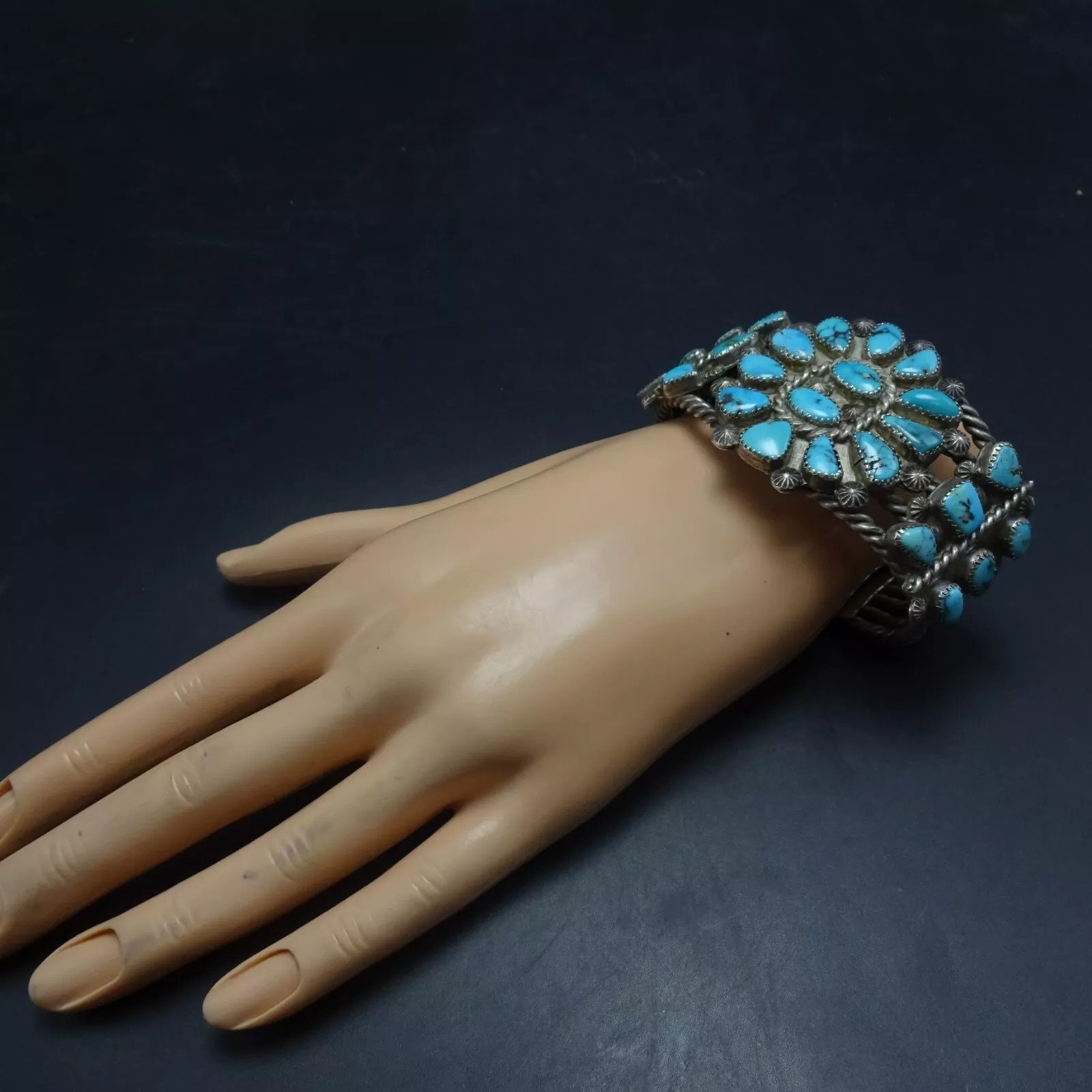 Old Pawn CIRCA 1930s TURQUOISE CLUSTER Sterling Silver Cuff Bracelet ...