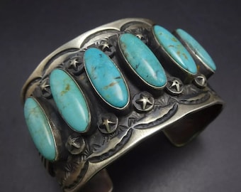 Powerful CHIMNEY BUTTE Sterling Silver TURQUOISE Bracelet Wide Hand Stamped Cuff