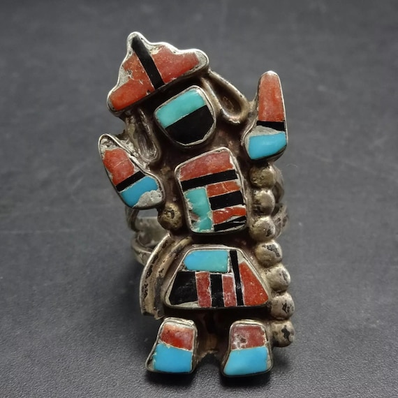 Rare Vintage Native American Zuni Turquoise Coral Jet Sterling Silver Rainbow Man Ring Rare Vintage Native American Zuni Turquoise Coral Jet Sterling Silver Rainbow Man Ring