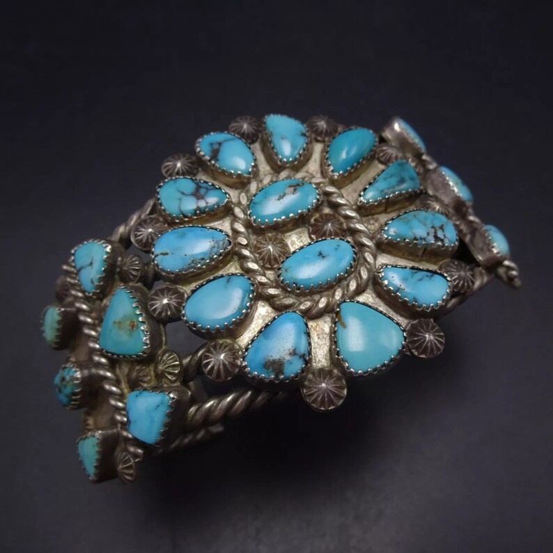 Old Pawn CIRCA 1930s TURQUOISE CLUSTER Sterling Silver Cuff Bracelet ...