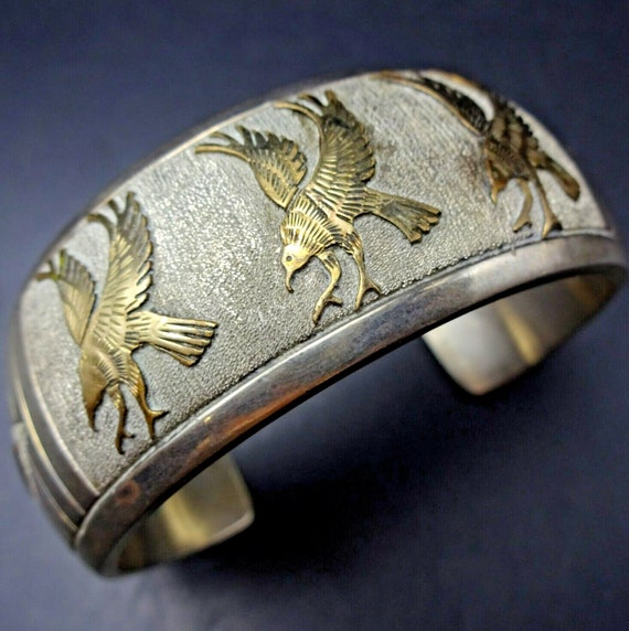 MARK YAZZIE Vintage Navajo Sterling Silver With Gold OVERLAY Cuff