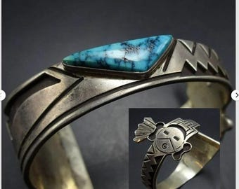 CSigned Navajo Vintage SterlingSilver Overlay YEI BI CHEI Cuff Bracelet Turquoise