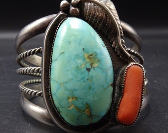 Vintage Lee CHARLEY Navajo Sterling Silver TURQUOISE and CORAL Cuff Bracelet