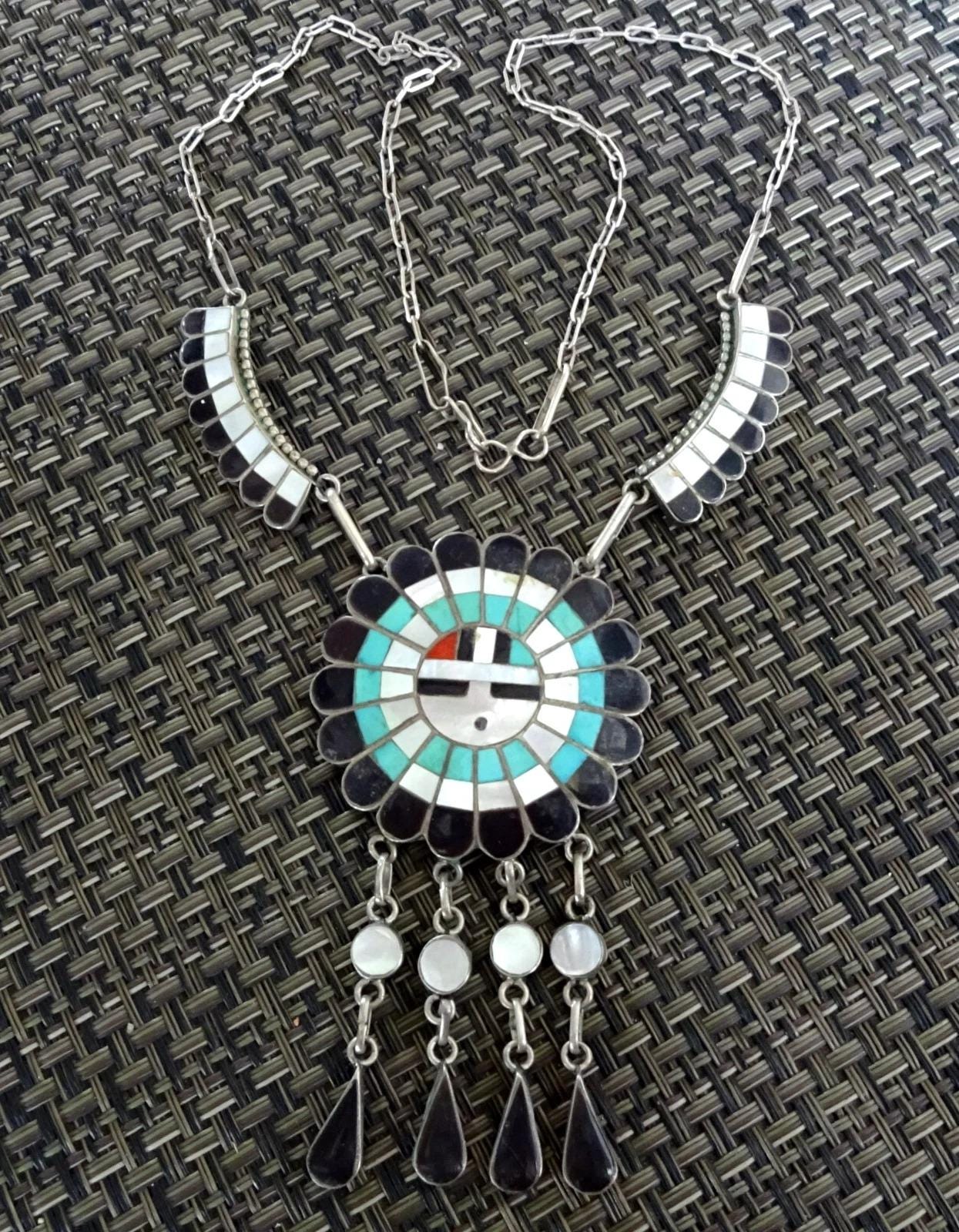 JD MASSIE Vintage Zuni Sterling Silver SUNFACE Inlay Necklace Turq