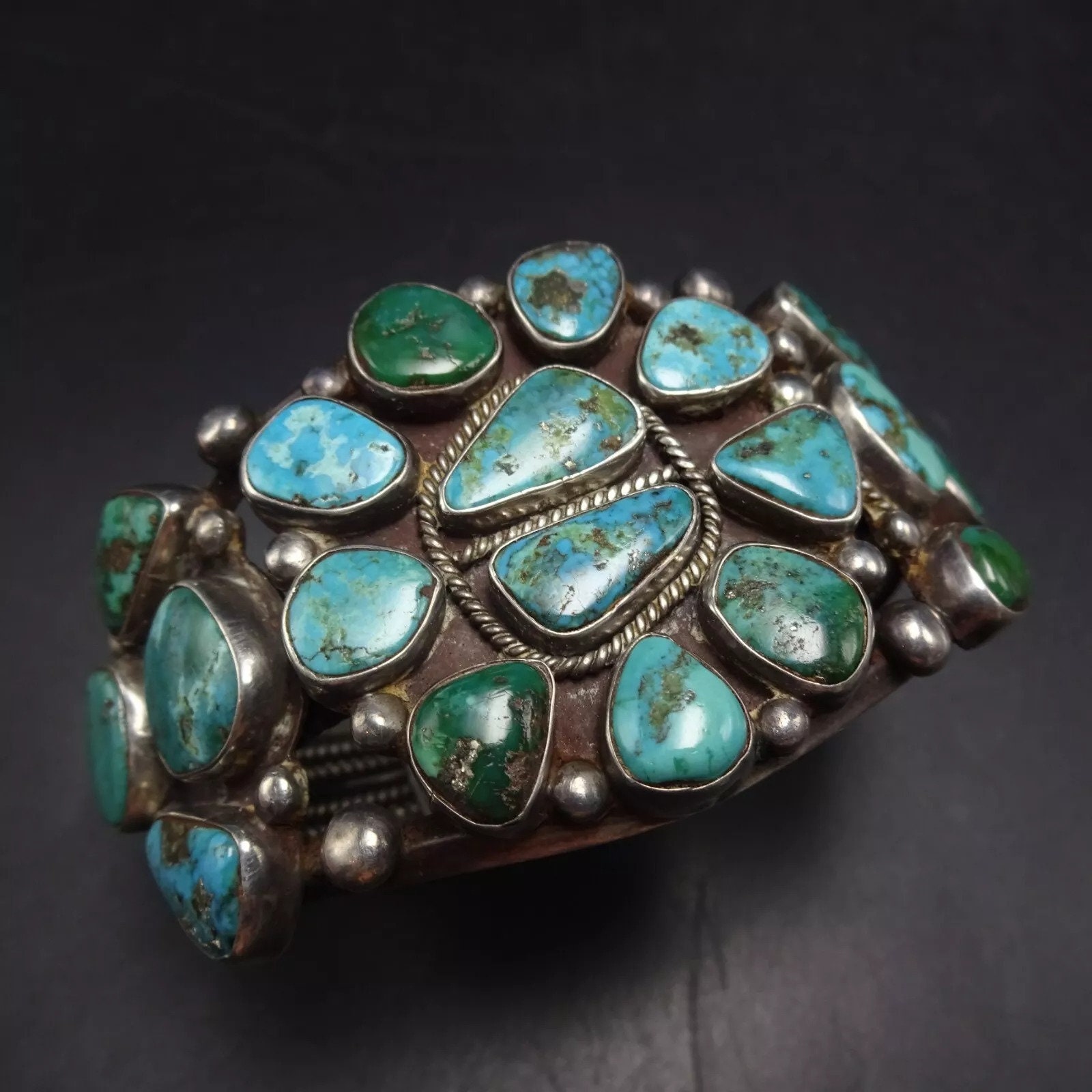SPECTACULAR Old Pawn TURQUOISE CLUSTER Sterling Silver Cuff Bracelet ...