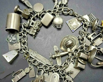 Vintage LIFE STORY Sterling Silver CHARM Bracelet 30 Charms 63g 7" Long