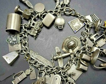 Vintage LIFE STORY Sterling Silver CHARM Bracelet 30 Charms 63g 7" Long