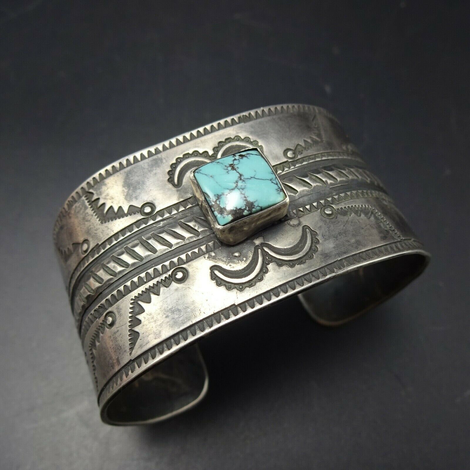 Old-style Hand-stamped Sterling Silver TURQUOISE Wide Cuff Old-style Hand-stamped Sterling Silver TURQUOISE Wide Cuff