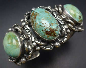 Vintage SOUTHWESTERN Heavy Hand-Stamped Sterling Silver TURQUOISE Cuff BRACELET