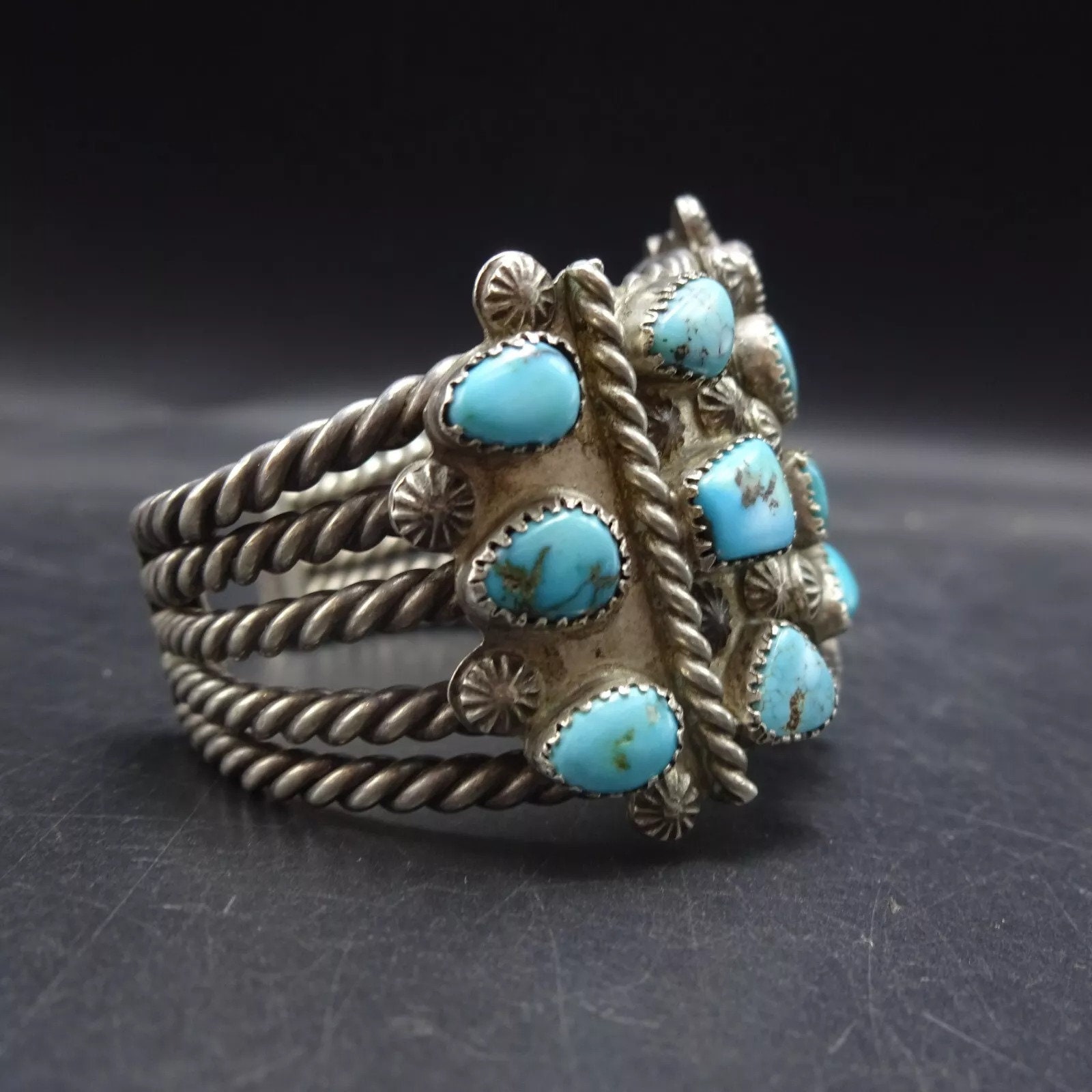 Old Pawn CIRCA 1930s TURQUOISE CLUSTER Sterling Silver Cuff Bracelet ...