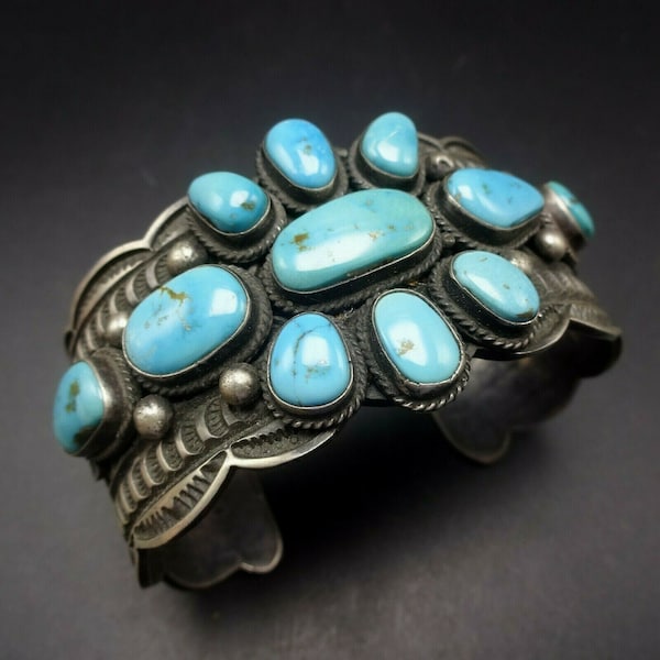 ANDY CADMAN Vintage Navajo Hand-Stamped Sterling Silver TURQUOISE Cuff Bracelet