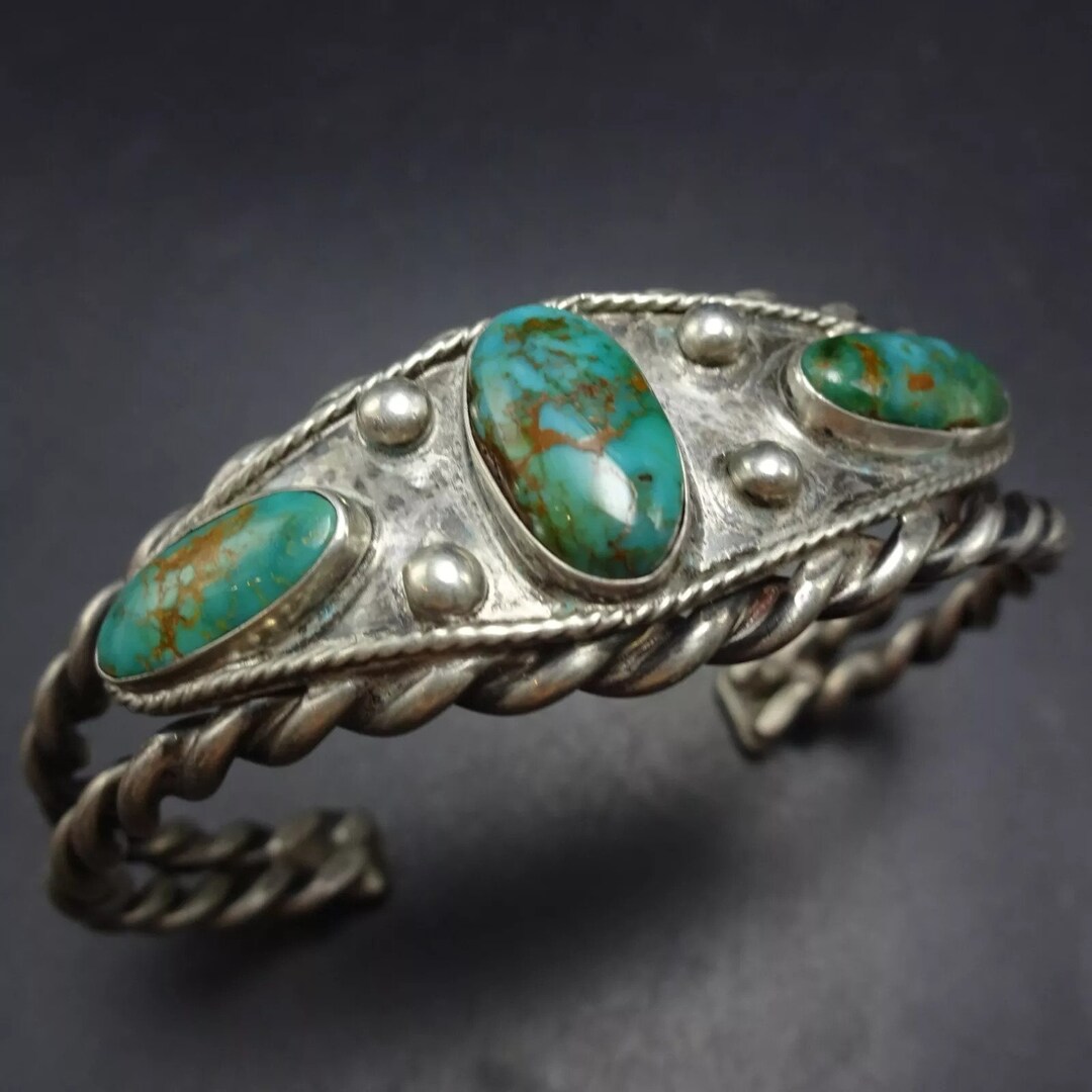 Old Pawn Circa 1930s NATURAL TURQUOISE Sterling Silver Cuff BRACELET ...