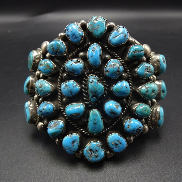 Rare Signed Navajo JIMMIE LONG Sterling Silver & Turquoise Cluster BRACELET 142g
